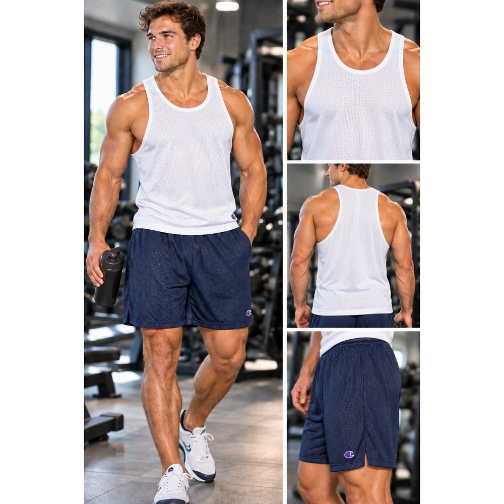 Champion Mesh Athletic Shorts XL Blue Elastic Waist Breathable Gym Sport #1698